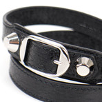 Women's Leather Studded Two Loop Bracelet // Black