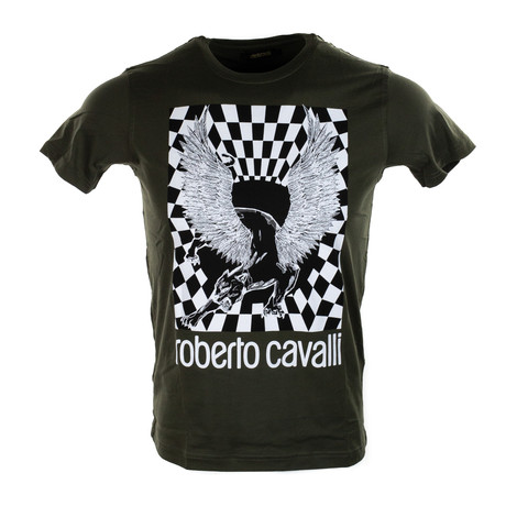 Roberto Cavalli Military Green Graffiti Logo Crewneck T-Shirt
