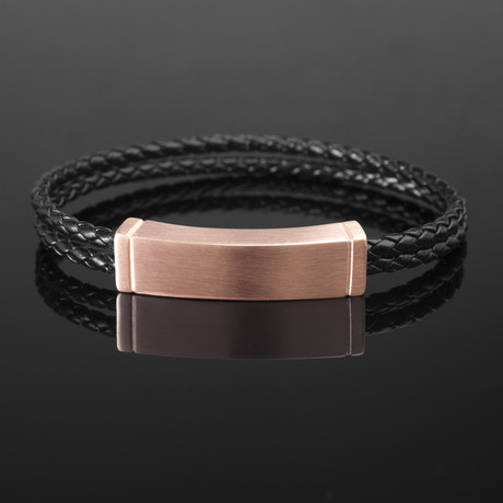 Curved Bar + Braided Leather Double Stranded Magnetic Bracelet // Black + Rose Gold