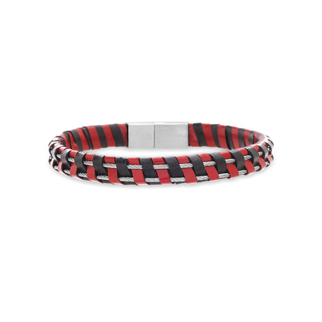 Steel Wrapped Leather Cord Bracelet // Black + Red