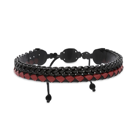 Braided Leather + Franco Chain Adjustable Slider Bracelet // Red + Black