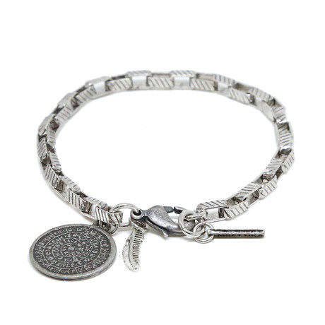 Ancient Coin + Feather Charm Linked Bracelet // Oxidized Silver