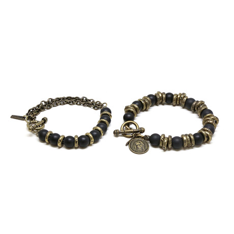 Brass Ring + Onyx Beaded Bracelet Set