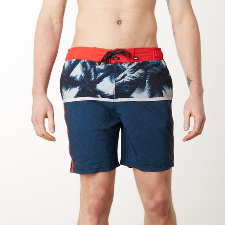 Palm Geo Block 4 Way Stretch Swim Shorts // Navy (S)