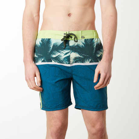 Palm Geo Block 4 Way Stretch Swim Shorts // Teal (S)