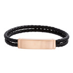 Curved Bar + Braided Leather Double Stranded Magnetic Bracelet // Black + Rose Gold