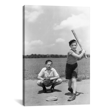 Two Boys Batter And Catcher Playing Baseball // 1930s (18"W x 26"H x 0.75"D)
