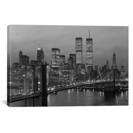 1980s New York City Lower Manhattan Skyline Brooklyn Bridge World Trade Center // Vintage Images (18"W x 12"H x 0.75"D)