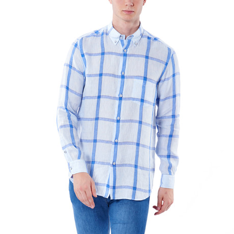 Big Plaid Pattern Button-Up Shirt // Light Blue (XS)