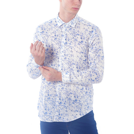Watercolor Floral Pattern Button-Up Shirt // Blue (XS)