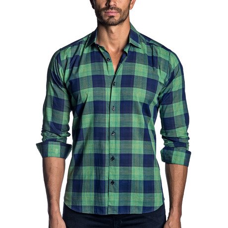 Woven Long Sleeve Shirt // Green + Navy Check (S)
