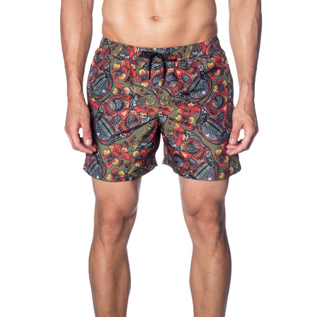 Swim Trunks // Green Skull Print (S)