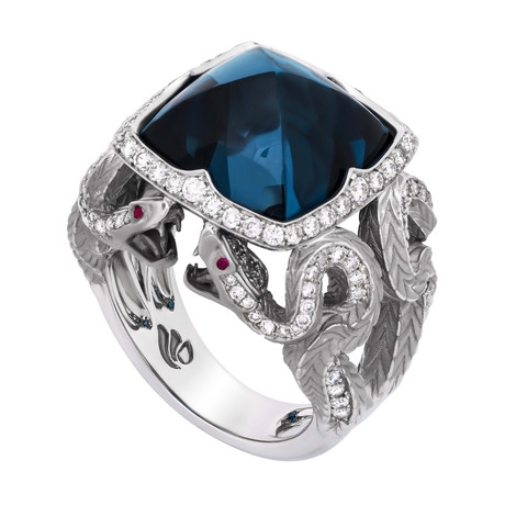 Magerit Snake Antique 18k White Gold Diamond + Topaz + Red Sapphire Ring // Ring Size: 7