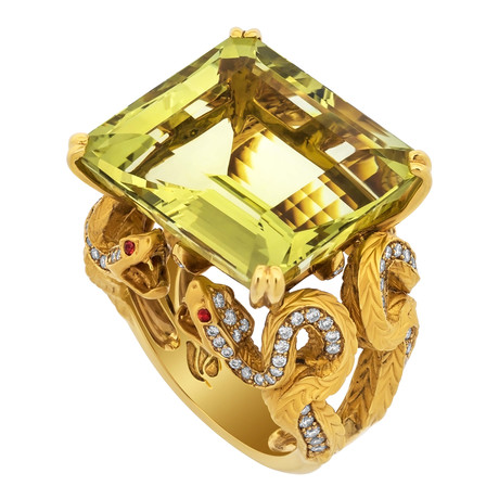 Magerit Snake Antique Berilo 18k Yellow Gold Diamond + Red Sapphire + Beryl Ring // Ring Size: 6.75