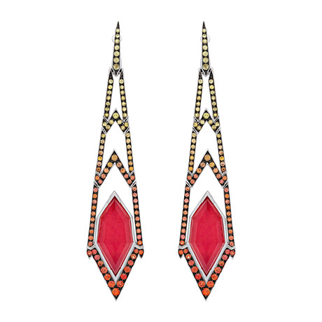 Stephen Webster Lady Stardust 18k White Gold Sapphire + Quartz Red Coral Long Earrings