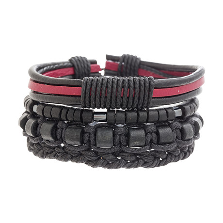 Multi Stranded Leather + Beaded Bracelet // Red + Black // Set of 3