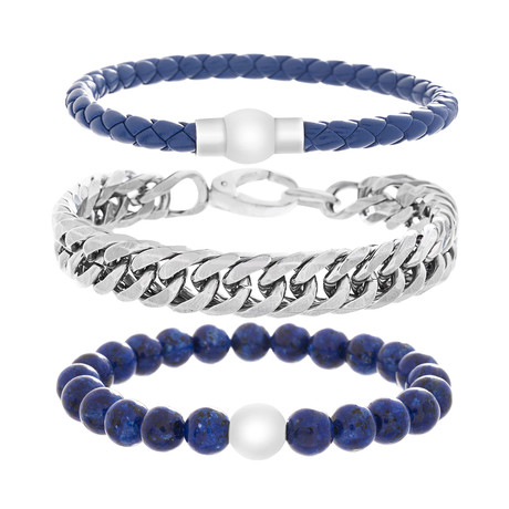 Braided Leather + Cuban Link + Beaded Bracelet // Blue // Set of 3