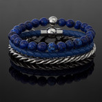 Braided Leather + Cuban Link + Beaded Bracelet // Blue // Set of 3