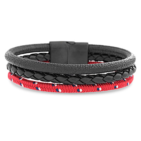 Triple Stranded Leather + Cord Magnetic Bracelet // Red + Black