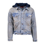 424 // Denim Varsity Trucker Detachable Hood Jacket // Blue (XL)