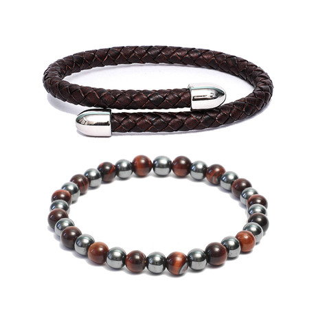Set of 2 // Leather Cuff Bracelet + Link Bracelet // Red Tiger Eye + Gray (6)