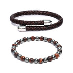 Set of 2 // Leather Cuff Bracelet + Link Bracelet // Red Tiger Eye + Gray (6.5)