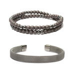Set of 2 // Beaded Wrap Bracelet + Steel Mesh Cuff Bracelet // Gray + Silver (8.5")