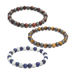 Set of 3 // Beaded Link Bracelets // Red Tiger Eye + Yellow Tiger Eye+ Gray + Blue (8.5)