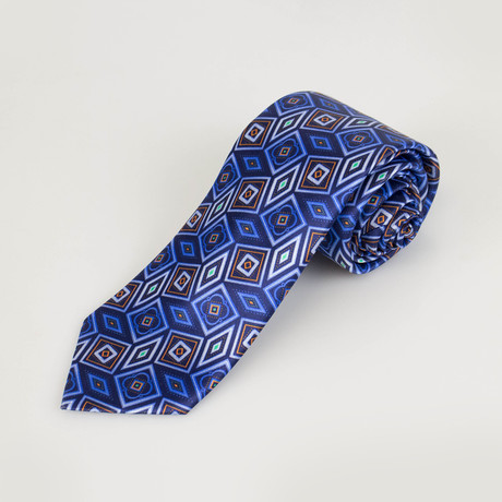 Silk Geometric Pattern Satin Neck Tie // Blue