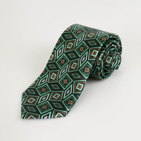 Silk Geometric Pattern Satin Necktie // Green + Orange + Pink
