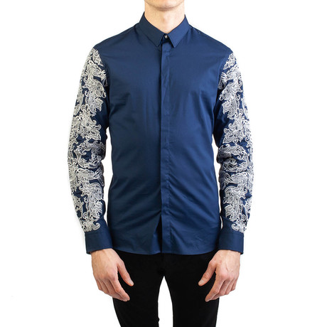 Cotton Paisley Pattern Dress Shirt // Navy Blue (Small)