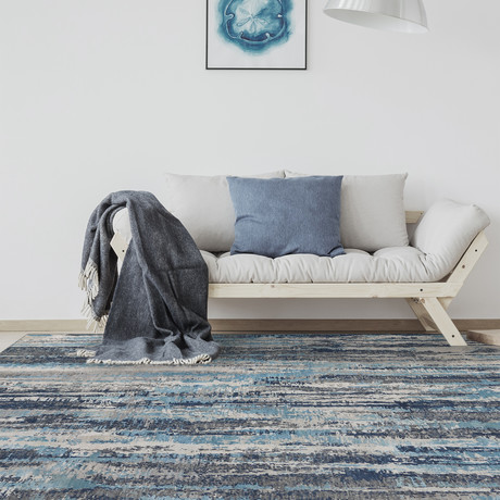 Abstract Carved Hand-Knotted Area Rug // Blue + Gray // 10' x 14'