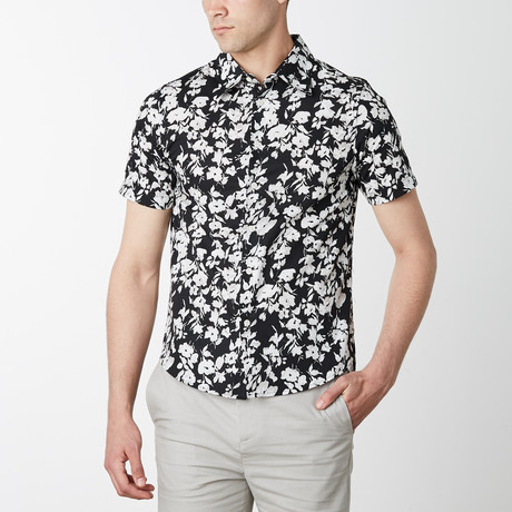 Floral Print Shirt Sleeve Button Up // Black + White Print (S)