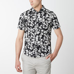 Floral Print Shirt Sleeve Button Up // Black + White Print (M)