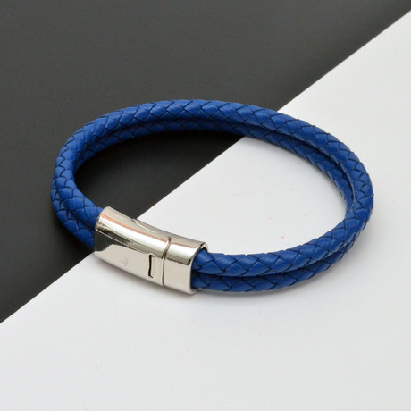 Woven Leather Bracelet // Blue + Silver