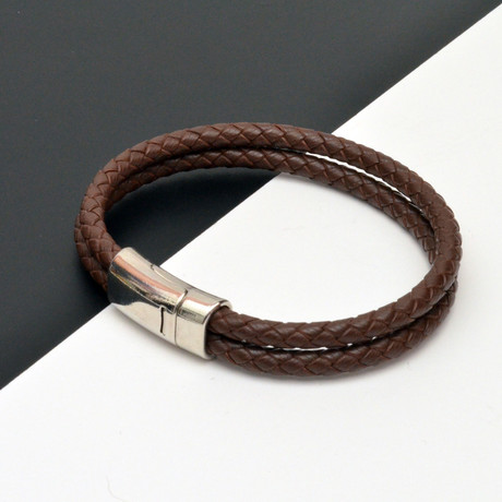 Woven Leather Bracelet // Brown + Silver