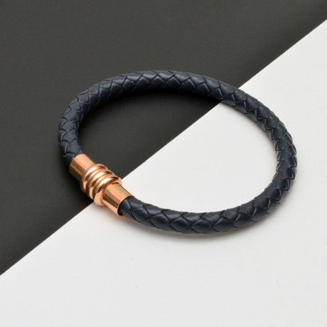 Woven Leather Bracelet // Dark Blue + Rose Gold