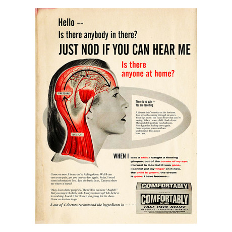 Pink Floyd "Comfortably Numb" Mid-Century Pain Reliever Ad Mashup (8.5"W x 11"H x 0.1"D)