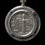 Ancient Nike Coin In Silver Bezel W/ Rubies + Garnets