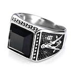 Compass Black Agate Stainless Steel Ring (Size 7)