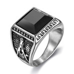 Compass Black Agate Stainless Steel Ring (Size 8)