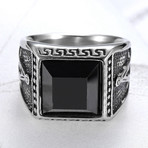 Compass Black Agate Stainless Steel Ring (Size 9)