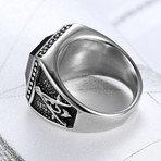 Compass Black Agate Stainless Steel Ring (Size 7)