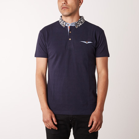 Gear Patterned Collar Polo Shirt // Navy (S)