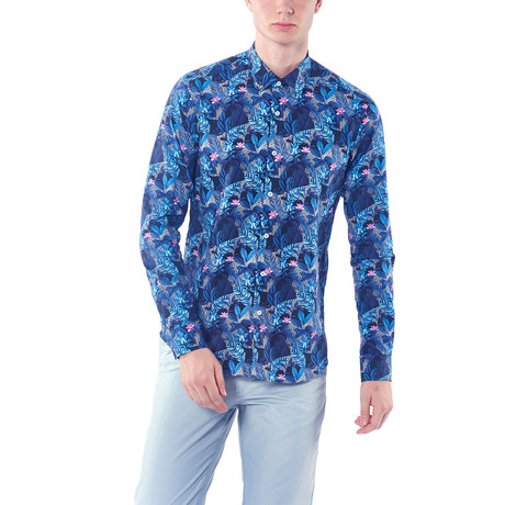Floral Pattern Button-Up Shirt // Dark Turquoise Blue (S)