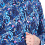 Floral Pattern Button-Up Shirt // Dark Turquoise Blue (L)