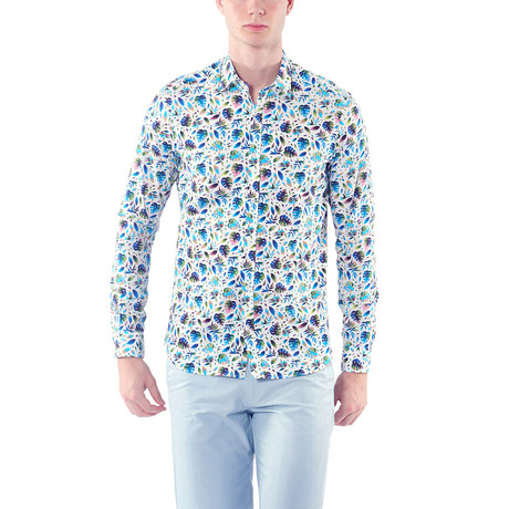 Leaf Pattern Button-Up Shirt // Blue + White (S)