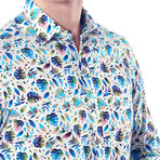 Leaf Pattern Button-Up Shirt // Blue + White (M)
