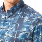 Block Line Pattern Button-Up Shirt // Dark Blue (M)