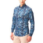 Block Line Pattern Button-Up Shirt // Dark Blue (L)